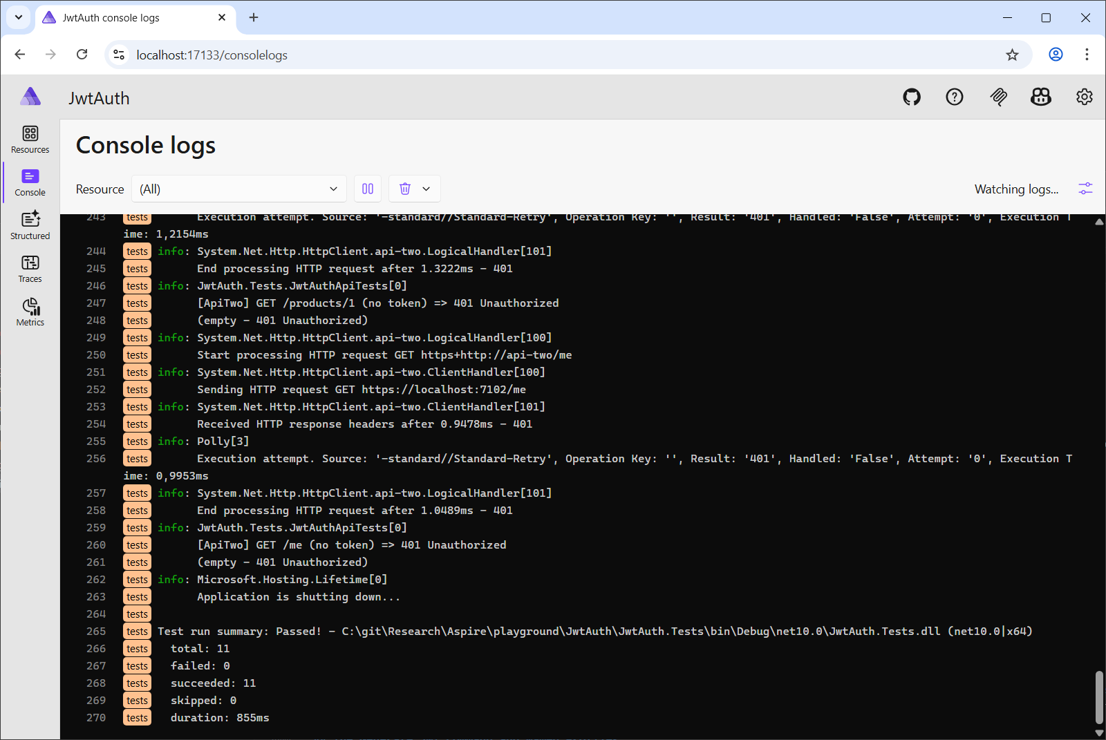 Aspire dashboard console logs view showing structured test output and a passing test run summary: 11 passed, 0 failed
