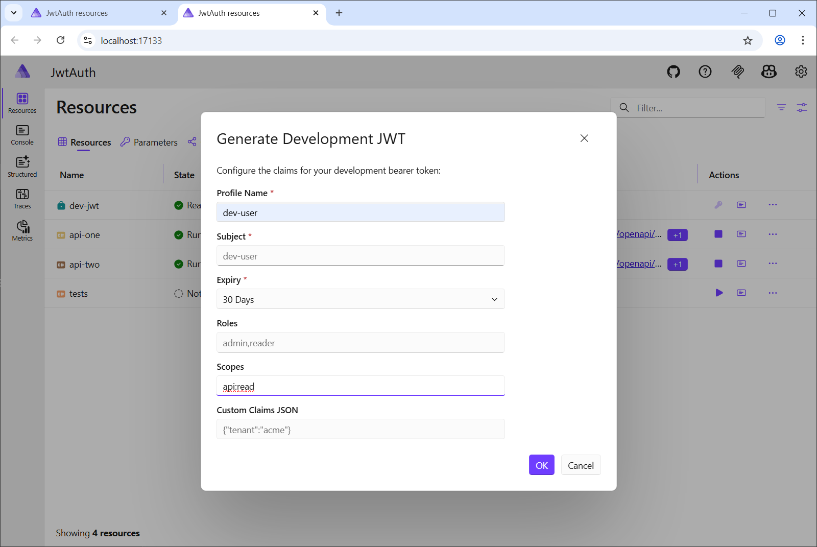 The Generate Development JWT dialog with fields for Profile Name, Subject, Expiry, Roles, Scopes, and Custom Claims JSON