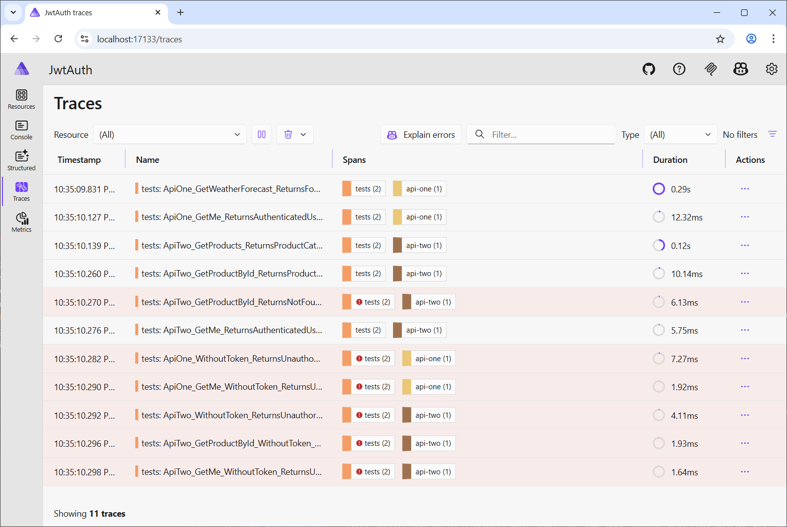 Aspire dashboard traces view showing test spans for api-one and api-two, with negative tests highlighted in red