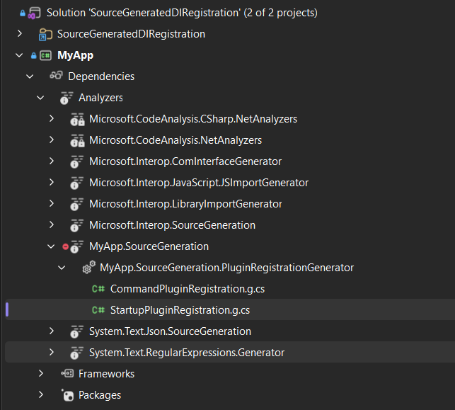 Generated files visible under Analyzers in Solution Explorer